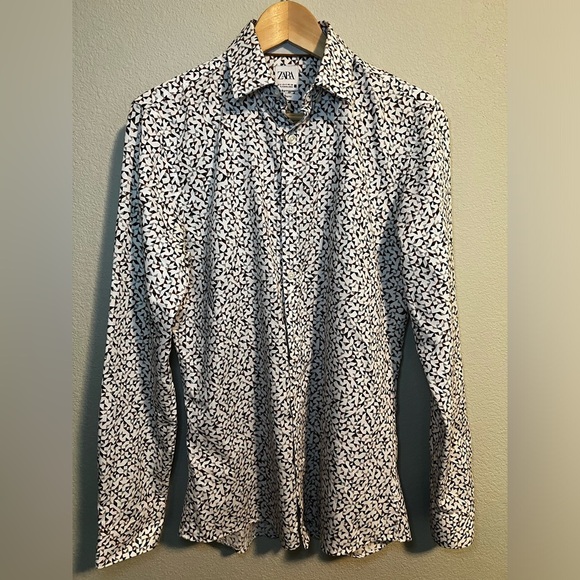 Zara Geometric Design Button Up Long Sleeve Slim Fit Dress Shirt Small - Picture 1 of 4